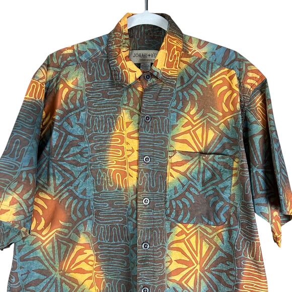 Johari West Shirt Men Sze L Teal Yellow Multi Batik Geometric Hawaiian Button Up - Picture 2 of 8